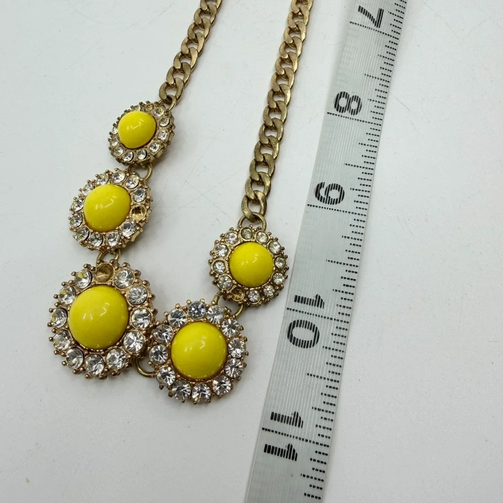 Yellow Cabochon Clear Rhinestone Flower Gold Tone Statement Necklace Jewelry